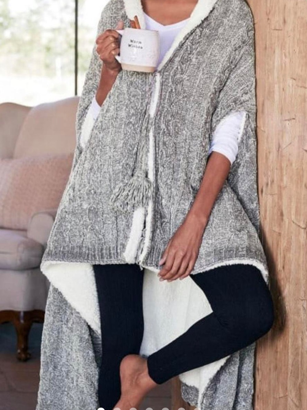 Soft Surroundings Grey Sherpa-Lined Hooded Poncho